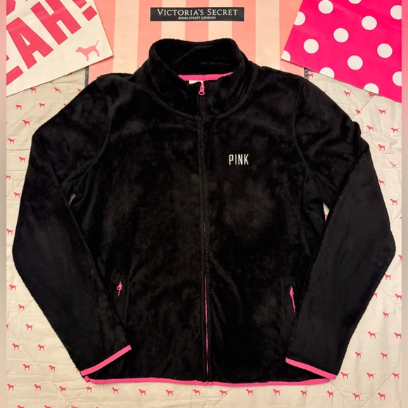 VS PINK VINTAGE Y2K FULL ZIP FLEECE JACKET COAT BLACK RARE HTF LARGE